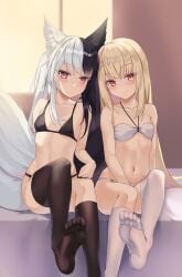 2girls absurd_res alice_mana animal_ear_fluff animal_ears asymmetrical_legwear bad_id bad_pixiv_id between_legs bikini black_bikini black_hair black_thighhighs blonde_hair blush breasts collarbone eyes_visible_through_hair feet foot_out_of_frame hair_over_shoulder halterneck hand_between_legs highres indie_virtual_youtuber jawr8473 kneehighs leg_up long_hair looking_at_viewer multicolored_hair multiple_girls navel no_shoes on_bed orange_eyes red_eyes shiina_nanoha single_kneehigh single_sock single_thighhigh sitting small_breasts socks soles string_bikini swimsuit tail thighhighs toes twintails very_long_hair virtual_youtuber white_bikini white_hair white_socks white_thighhighs