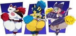 1girls 3_fingers 3_toes 3girls :< animal_crossing ankha ankha_(animal_crossing) anthro areola ass big_breasts blue_eyeshadow blue_hair blush breasts breasts_bigger_than_head cheerleader cheerleader_uniform claws dandadan digital_media_(artwork) domestic_cat eyeshadow feline felis felyne female female_only frown fur furry furry_only glitchlord8391 hair huge_ass huge_breasts monster_hunter multiple_girls navel nintendo nipple_slip nipples pink_areola pink_nipples pom_poms pussy shortstack solo solo_female standing tagme tail thick_thighs tsukino_(monster_hunter_stories) turbo_granny_(dandadan) yellow_body yellow_fur