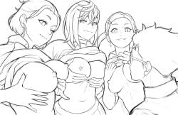 1boy 3girls ayase_momo breasts breasts_out dandadan fliprokz gyaru sketch takakura_ken_(okarun)