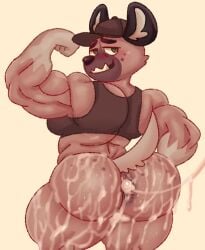 2024 aggretsuko anthro anus arm_markings ass back_muscles baseball_cap big_butt black_clothing black_headwear black_nose black_topwear blush bodily_fluids bottomless brown_body brown_fur butt_markings cheek_tuft clothed clothing crop_top cum cum_in_ass cum_inside cum_on_leg cum_string english_description excessive_cum excessive_genital_fluids eyebrows facial_markings facial_tuft fist flexing flexing_bicep fur furryonline1 genital_fluids green_eyes haida_(aggretsuko) hat head_markings headgear headwear humanoid_hands hyena leaking_cum looking_back male male_only mammal markings muscular muscular_anthro muscular_arms muscular_male muscular_thighs pecs raised_tail rear_view sanrio sharp_teeth shirt simple_background smile solo spots spotted_hyena spotted_markings standing tail teeth thick_thighs tight_clothing topwear tuft