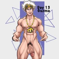 1boy abs adult adult_male armpit_hair artist_signature belly_button biting_tongue black_text english_text gold_chain gold_jewelry guzma_(pokemon) looking_at_viewer male male_only muscular muscular_male navel nipples nude nude_male pointing_at_penis pokemon pokemon_sm pokemon_usm pubic_hair smiling_at_viewer solo solo_focus solo_male standing sunglasses sunglasses_on_head team_skull thick_thighs tongue tongue_out two_tone_background two_tone_hair veiny_penis wristwear