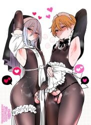 2boys 2d 2d_(artwork) 2d_artwork artist_name background blush blush_lines blushing_at_viewer blushing_male chastity_cage chastity_device cross_necklace femboy flat_chastity_cage heart heart_nipples heart_symbol hearts_around_body hearts_around_head looking_at_viewer maid maid_dress maid_headdress maid_outfit maid_uniform male_only nagano_rira simple_background smile unlila watermark white-skinned_femboy white-skinned_male white_background white_skin yellow_hair