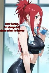 ai_generated boruto:_naruto_next_generations crop_top grabbing indoors kushina_uzumaki looking_away naruto naruto_(classic) naruto_(series) naruto_shippuden naruto_shippuuden sexy sexy_pose solo standing story text uzumaki_kushina water_bottle wet yoga_pants