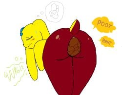 anthro anus ass blue_body blush bodily_fluids brown_body candy candy_scat chocolate closed_eyes crowning_feces desperation dessert fakemon fart fart_cloud feces female floppy_ears food food_creature fur lagomorph leporid living_marshmallow mammal mochamel_(theonetruesinner) nude nude_anthro nude_female peeps rabbit raised_tail rumbling_stomach scat scut_tail short_tail simple_background solo sound_effects sweat tail text theonetruesinner thought_bubble toilet unusual_feces white_background yellow_body yellow_fur