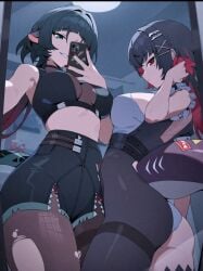 2girls ai_assisted ai_generated black_hair blue_eyes ellen_joe girls_only grinning grinning_at_viewer jane_doe_(zenless_zone_zero) medium_breasts midriff mouse_ears mouse_girl phone red_eyes red_hair shark_girl shark_tail sidillusts zenless_zone_zero