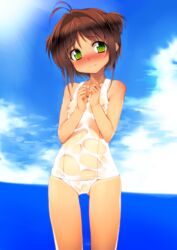 1girls ahoge beach blush breasts brown_hair cardcaptor_sakura cloud cowboy_shot female green_eyes hands_together human kamitsurugi_ouka light-skinned_female light_skin looking_at_viewer navel nipples ocean one-piece_swimsuit sakura_kinomoto see-through see-through_swimsuit short_hair small_breasts solo swimsuit water wet wet_clothes