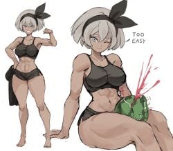 1girls abs bea_(pokemon) dark-skinned_female pokemon pokemon_ss rakeemspoon tagme thick_thighs thigh_focus watermelon watermelon_crushing