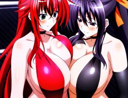 2girls ai_generated akeno_himejima big_breasts black_hair blush breasts_touching_each_other couple crimson_hair female_only fighting_ring hair_ribbon high_school_dxd lesbian light_skin orange_ribbon ponytail rias_gremory sky_blue_eyes very_long_hair violet_eyes voluptuous yuri