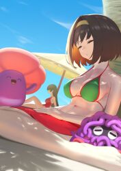 2girls ^_^ ^o^ bikini breasts brown_hair cleavage closed_eyes erika_(pokemon) gen_1_pokemon green_bikini hairband highres komadera long_hair multiple_girls navel nintendo one-piece_swimsuit outdoors parasol pokemon pokemon_(creature) pokemon_frlg red_one-piece_swimsuit sabrina_(pokemon) short_hair sitting sleeping swimsuit tangela umbrella vileplume wariza