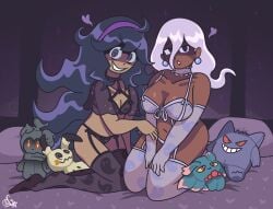 2girls alternate_skin_color bedroom bedroom_setting big_breasts breasts dark-skinned_female dark_skin female flat_chest gengar gothic hex_maniac hex_maniac_(z-a) lingerie marshadow mimikyu miraclemattr misdreavus plushie pokemon pokemon_legends:_z-a race_swap shiny_hex_maniac straight_hair white_hair