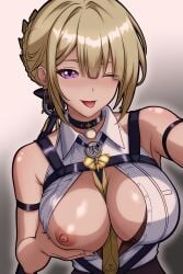 1girls areolae big_breasts blonde_hair breasts breasts_out clothing cyrano_(pixiv) evelyn_chevalier female female_only hoyoverse light-skinned_female light_skin mihoyo mihoyo_technology_(shanghai)_co._ltd. mostly_clothed necktie_between_breasts nipples one_breast_out purple_eyes solo tied_hair tongue tongue_out wink winking_at_viewer zenless_zone_zero