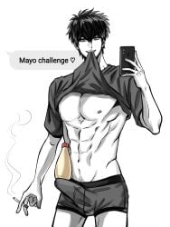 abs bulge cellphone cigarette erection erection_under_clothes gintama happy_trail hijikata_toshiro looking_at_viewer male male_only mayonnaise monochrome nyuustarr phone selfie shampoo_challenge shirt_in_mouth shirt_lift smile smoking solo tenting toned toned_male underwear