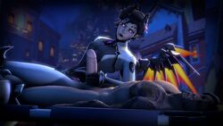 3d alternate_costume animated black_hair bombowykurczak clothed_female_nude_male duo erection female handjob hanzo horns human imp_mercy lying male mercy no_sound nude on_back overwatch penis source_filmmaker straight tattoo video