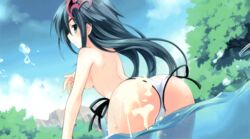 16:9 animated ass bikini bikini_pull black_hair blush breasts cum cum_on_ass cum_on_lower_body dat_ass embarrassed game_cg hair_ornament neptunia_(series) nitroplus_(neptunia) photoshop side-tie_bikini sideboob sweatdrop swimsuit topless tsunako water