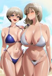 2girls absurdres areola_slip beach big_breasts bikini blue_bikini blue_sky breasts closed_eyes collarbone day female female_pubic_hair hair_between_eyes highleg highleg_bikini highres huge_breasts juuka_drawing large_areolae large_breasts mature_female medium_hair meme mom_and_her_daughter_(meme) mother_and_daughter mother_daughter_boob_envy_(meme) multiple_girls nervous outdoors pubic_hair pubic_hair_peek short_hair side-tie_bikini_bottom sky standing sweatdrop swimsuit textless_version uzaki-chan_wa_asobitai! uzaki_hana uzaki_tsuki white_bikini