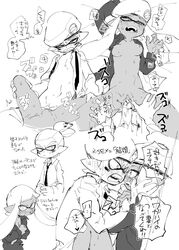 1boy army_(splatoon) bangs beret blunt_bangs blush bottomless dark_skin domino_mask drooling fangs female forge_(splatoon) greyscale hat inkling jacket loose_necktie mask monochrome multiple_views necktie open_clothes open_jacket pov serizawa_nae sex splatoon splatoon_(manga) sweat tentacle_hair topknot translation_request