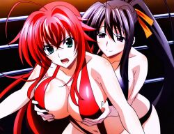 2girls ahoge ai_generated akeno_himejima antenna_hair big_breasts black_hair breasts_grab breasts_grabbed_from_behind couple crimson_hair curvy female_only fighting_ring hair_ribbon high_school_dxd lesbian light_skin orange_ribbon ponytail rias_gremory sky_blue_eyes very_long_hair violet_eyes voluptuous yuri