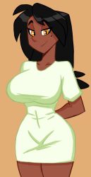 1girls beauty_mark black_hair dark-skinned_female dark_skin female female_only furiousart imani_(zrfurious) long_hair looking_at_viewer mole_under_eye pulled_up_shirt shirt shirt_pull smile t-shirt/pajamas_challenge zrfurious