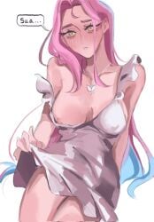 1girls alien_stage arainahmm blue_hair blush breasts butterfly_necklace calling_out_name dress_down female implied_yuri long_hair mizi_(alien_stage) necklace one_breast_out pink_hair skirt_lift solo two-tone_hair white_dress yellow_eyes