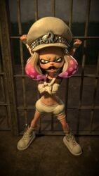 1girls 3d angry arms_up blender bondage boots breasts clenched_hands clothed_female cuff_(restraint) cuffs female female_only femsub fingerless_gloves from_above frown gloves gold_eyes grand_festival_(splatfest) handcuffed handcuffs handcuffs_on_ankles hands_up jail jail_bars jail_cell legs_apart looking_at_viewer looking_up looking_up_at_viewer midriff navel nintendo nonexister now_or_never_cap pearl_(grand_festival) pearl_(splatoon) pearl_houzuki prison restrained ring_gag short_shorts short_sleeves shorts shortstack splatoon splatoon_(series) splatoon_3 sweat sweatdrop sweating team_present_(splatfest) thigh_strap underboob viewed_from_above wet wet_body wet_skin