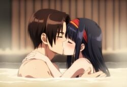 affection affectionate ai_generated bath bathing bathroom bathtub hugging king_of_fighters kissing kyo_kusanagi nakoruru ofuro ofuro_bath samurai_shodown