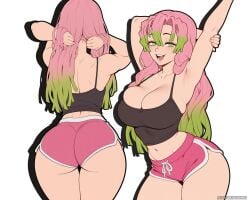 1girls 2d 2d_(artwork) ai_generated armpits arms_up ass back_view big_ass big_breasts blush booty_shorts breasts bubble_butt cleavage curvy curvy_female curvy_figure demon_slayer female female_only green_eyes green_hair kanroji_mitsuri kimetsu_no_yaiba long_hair looking_at_viewer mitsuri_kanroji pink_hair seductive_look sexy shorts slim_waist solo tank_top thick_thighs thighs voluptuous_female waifuinvoker white_background wide_hips