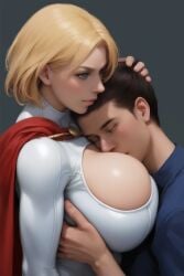 1boy 1girls ai_generated big_breasts blonde_hair boob_window breast_pillow breasts cape cleavage_cutout closed_eyes dc dc_comics female head_on_breasts holding_head hug karen_starr kryptonian large_breasts male novelai power_girl short_hair stable_diffusion