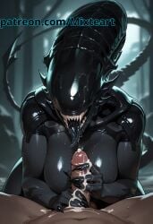 1boy 1girls ai_generated alien_(franchise) anthro big_breasts black_body black_tail black_tongue breasts breasts_out chubby chubby_female claws cum cum_on_hand cum_on_hands detailed_background fangs female female_focus handjob horny horny_female large_breasts looking_at_viewer male male/female male_pov mixteart monster monster_girl naked naked_female patreon penis penis_grab pov scalie scalie_female smile smiling smiling_at_viewer sweat sweating tail thick thick_ass thick_hips thick_legs thick_thighs thighs tongue tongue_out touching_penis xenomorph