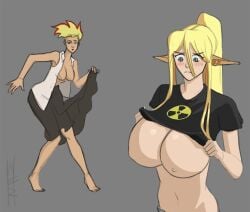 2girls big_breasts blonde_hair blue_eyes breasts centaur centorea_shianus clothes_swap crossover human jenny_test johnny_test_(series) lipstick long_hair monster_musume_no_iru_nichijou nipples wrappiii