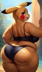 1girls ai_generated anthro anthro_only ass bbw big_ass big_breasts breasts cellulite curvy_figure fat_thighs female female_only furry furry_female furry_only looking_back obese obese_anthro obese_female overweight overweight_anthro overweight_female pikachu pokémon_(species) pokemon pokemon_(species) shiny_skin standing underwear wide_hips yaenzis