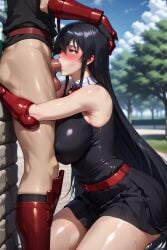 ai_generated akame_(akame_ga_kill!) akame_ga_kill! big_breasts big_butt big_penis black_hair black_skirt doggy_style long_hair shiny_skin sucking thick_thighs ul7990 vaginal_penetration