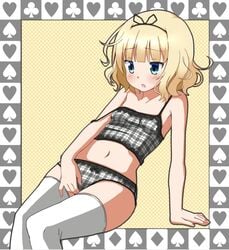 arm_support blonde_hair blue_eyes camisole clothed_masturbation clothing female fingering gochuumon_wa_usagi_desu_ka? kirima_sharo leaning_back masturbation masturbation_through_clothing open_mouth panties ribbon short_hair sitting solo stockings strap_slip thighhighs underwear underwear_only white_legwear