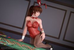 3d 3d_(artwork) 3d_model 3d_render animal_ears asian bunny_costume bunny_ears bunny_girl bunny_tail bunnysuit casino cuffs_(clothing) darts77 dead_or_alive fake_animal_ears fishnets fit_female ginger ginger_hair high_heels highres kasumi_(doa) knee_on_table looking_at_viewer one_leg_up orange_hair painted_nails pantyhose ponytail posing posing_for_the_viewer seductive waitress