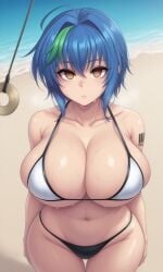 ahoge ai_generated barcode barcode_tattoo beach beach_background big_breasts black_bikini blue_hair brainwashed brown_eyes green_hair green_tuft high_school_dxd huge_breasts hypnosis large_breasts mind_control pendulum pixai tagme thick_thighs two-tone_bikini two-tone_hair two_tone_hair white_bikini wide_hips xenovia_quarta