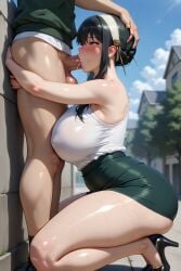 ai_generated big_breasts big_penis black_hair blowjob cum_in_mouth kneeling skirt spy_x_family sucking sucking_penis thick_thighs ul7990 yor_briar yor_forger