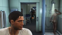 1boy 1girls 3d back_view capmac fallout_4 female full_body game_screenshot male mod nude nude_female nude_mod short_hair short_hair_female shower