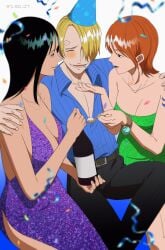 1boy 2girls alcohol big_breasts black_hair black_pants blonde_hair blue_shirt blush breasts dress green_dress happy_birthday nami nami_(one_piece) nico_robin one_piece orange_hair purple_dress sanji shirt tan_skin vinsmoke_sanji