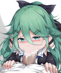 013_(hamsasuke) 1boy admiral_(kantai_collection) black_ribbon blue_eyes blush censored clothing cum cum_from_nose cum_in_mouth cum_inside fellatio female green_hair hair_ornament hair_ribbon hairclip hands_on_another's_hips highres kantai_collection long_hair oral penis ribbon sweat yamakaze_(kantai_collection)