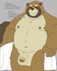 2025 absurd_res anthro balls belly brown_body canid canine closed_eyes english_text flaccid genitals hi_res kemono male mammal moobs navel nipples overweight overweight_male penis peto3001 raccoon_dog simple_background solo tanuki text towel