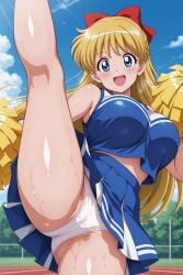 1girl ai_generated alluring big_breasts bishoujo_senshi_sailor_moon blonde_hair blue_eyes cheerleader_uniform female kick kicking minako_aino panties pom_poms sweat yoshi_(artist)