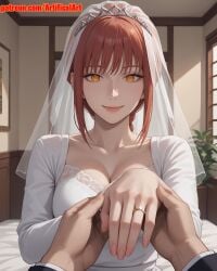 1girls ai_generated artifical_art braid braided_ponytail bride chainsaw_man light-skinned_female long_hair makima_(chainsaw_man) medium_breasts perfect_body red_hair ringed_eyes small_waist yellow_eyes