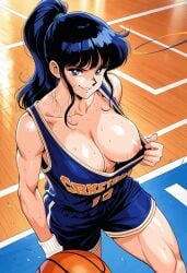 1980s_(style) 1girls ai_generated athletic_female basketball basketball_court basketball_uniform biceps black_hair breasts close-up exhibitionism flashing flashing_breasts muscular_female muscular_thighs nipples no_bra original original_character ponytail smug sweat thighs toned_female