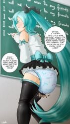 1girls abdl blue_hair blush chalkboard diaper diaper_fetish embarrassed hatsune_miku long_hair scat sketchmandl soiling soiling_diaper speech_bubble vocaloid