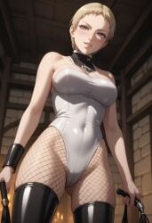 ai_generated blonde_hair claymore curvy deneve dominant_female female large_breasts leotard short_hair silver_eyes smile thighhighs thighs whip white_clothing