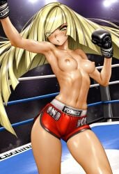 ai_generated armpit athletic_female bare_shoulders blonde_hair boxing_gloves boxing_ring boxing_shorts breasts crotch crowd eyes_visible_through_hair fighting_stance fit_female green_eyes groin lusamine_(pokemon) navel nipples one_arm_up pokemon pokemon_character pokemon_sm self_upload slender_body slim_girl small_breasts spotlight stable_diffusion tight_clothing tight_fit toned_female topless topless_boxing topless_female wakipai