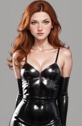 ai_generated auburn_hair black_latex black_latex_dress black_latex_elbow_gloves bonnie_wright celebrity ginny_weasley harry_potter latex latex_clothing latex_dress latex_elbow_gloves pdbai showcase tagme