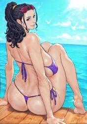 1girls absurdres ass b_0_rukia bikini black_hair blue_eyes breasts day eyewear_on_head female female_only from_behind full_body highres large_breasts long_hair looking_at_viewer looking_back median_furrow nico_robin one_piece outdoors ponytail post-timeskip purple_bikini red-tinted_eyewear side-tie_bikini_bottom sitting solo solo_female sunglasses swimsuit tinted_eyewear water