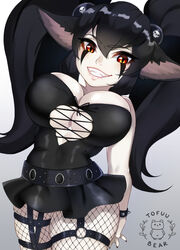 alternate_costume black_hair breasts brown_eyes ears female fishnet fishnet_pantyhose goth goth_girl humanoid large_breasts league_of_legends legacy_series long_hair noxus_poppy poppy riot_games shortstack tofuubear yordle