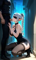 1boy 1girls ai_generated alley baldur's_gate_3 black_dress blindfold braided_hair breasts circlet cum_in_mouth cum_inside deepthroat fellatio hand_on_head high_heels kneeling night scar shadowheart stockings white_hair