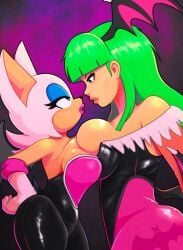 2girls anthro bat bat_wings breasts breasts_squeezed_together capcom crossover female female_anthro female_focus female_only furry furry_female mobian mobian_(species) mobian_bat morrigan_aensland roboticsteve rouge_the_bat sega sonic_(series) sonic_the_hedgehog_(series) succubus succubus_tattoo wings yuri